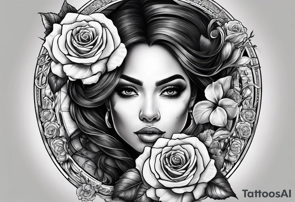 Hispanic/ Latin  woman  with half skull,  roses, loving heART, strength,  cancer zodiac , time heals all tattoo idea