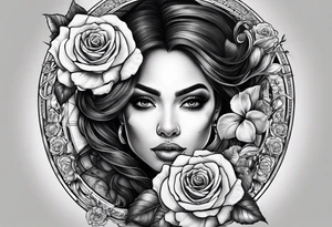 Hispanic/ Latin  woman  with half skull,  roses, loving heART, strength,  cancer zodiac , time heals all tattoo idea