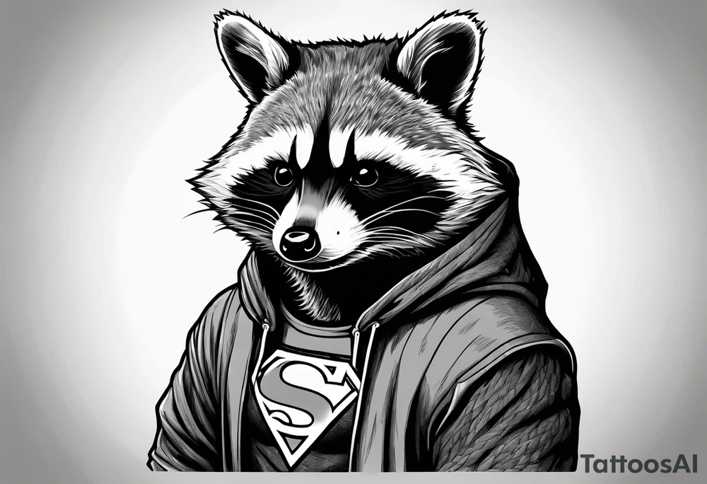 raccoon wearing a Superman hoodie tattoo idea