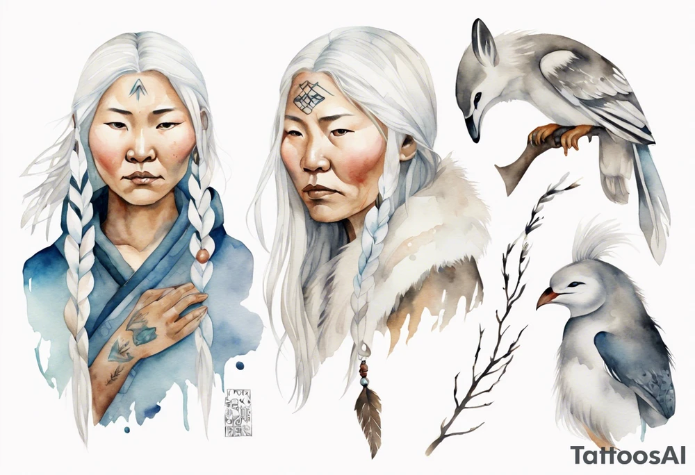 a watercolor of an Inuit woman with long white hair with a white twig in her hand tattoo idea