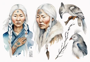 a watercolor of an Inuit woman with long white hair with a white twig in her hand tattoo idea