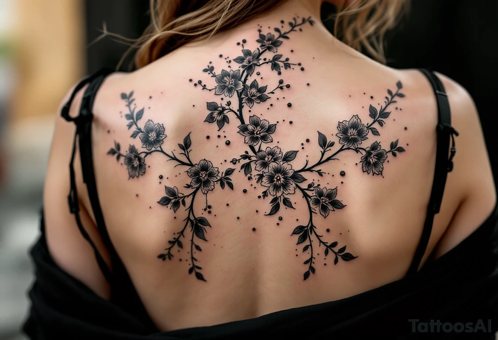 1.	Cherry Blossom Flow (Central Spine): A cascading cherry blossom flowing vertically along the spine to cover the central portion of the existing tattoo. Symmetrical patterns inspired by ornamental designs, with intricate curves and dotwork extending outward from the base of the spine. These elements should balance the floral motif and enhance the lower back area with a decorative, feminine flair.
	3.	Dotwork and Contouring: Delicate linework and dot patterns should be added around the floral design to give texture and seamlessly blend the tattoo with the surrounding skin. The ornamentation should curve naturally along the shape of the body, creating a cohesive, elegant look. tattoo idea