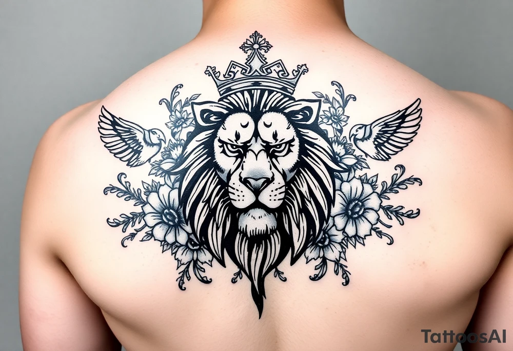powerful majestic lion with a crown, surrounded by floral ornaments and birds tattoo idea