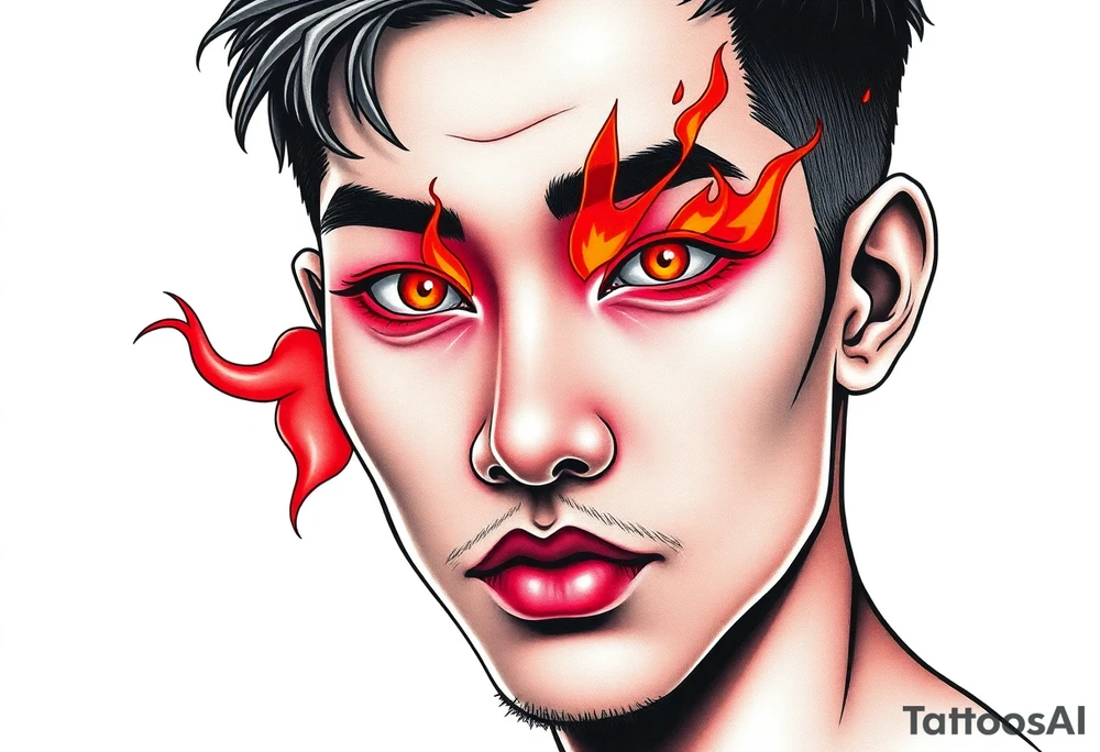 Handsome Asian young guy with a flame eyes tattoo idea