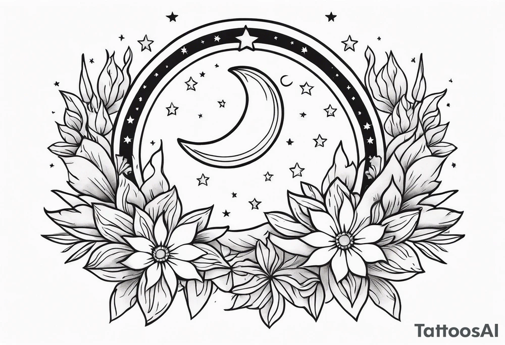 Western floral with sun stars and moon. Mirrored tattoo idea