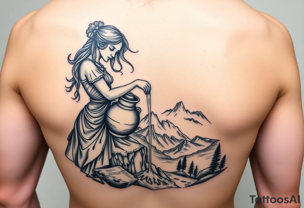 Beautiful female water bearer pouring an urn of water that flows into the Colorado mountain range tattoo idea