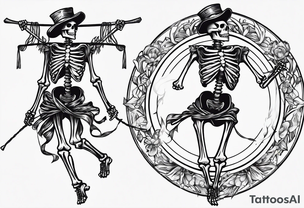 Skeleton dancing around a May pole with ribbons tattoo idea