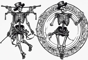 Skeleton dancing around a May pole with ribbons tattoo idea