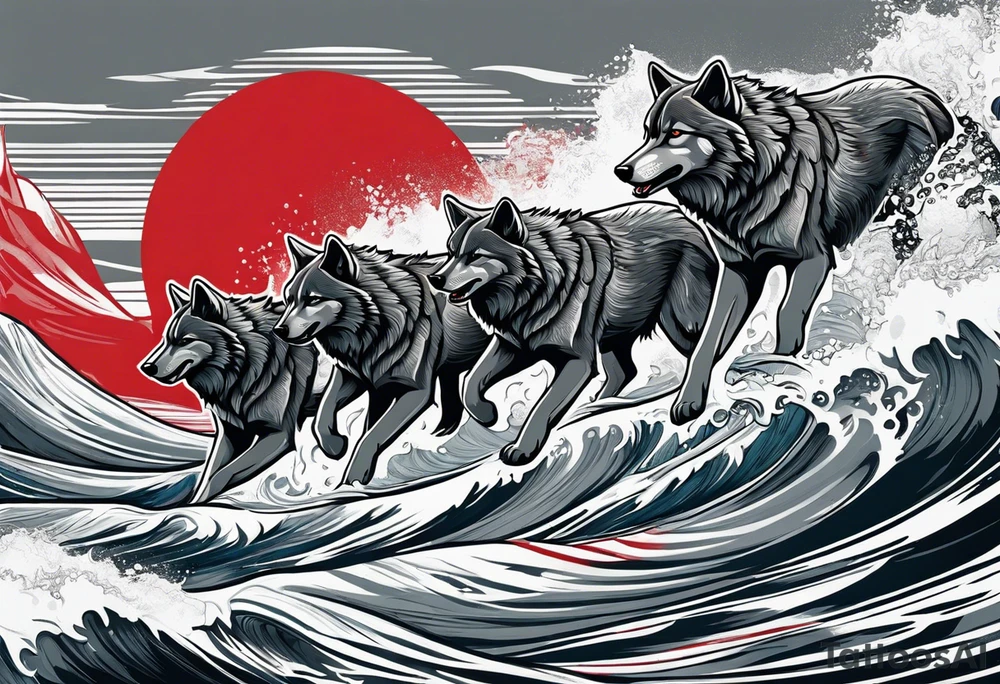 a pack of howling muscular  gray wolves surfing waves with a linear background with red, white and black and gray tattoo idea