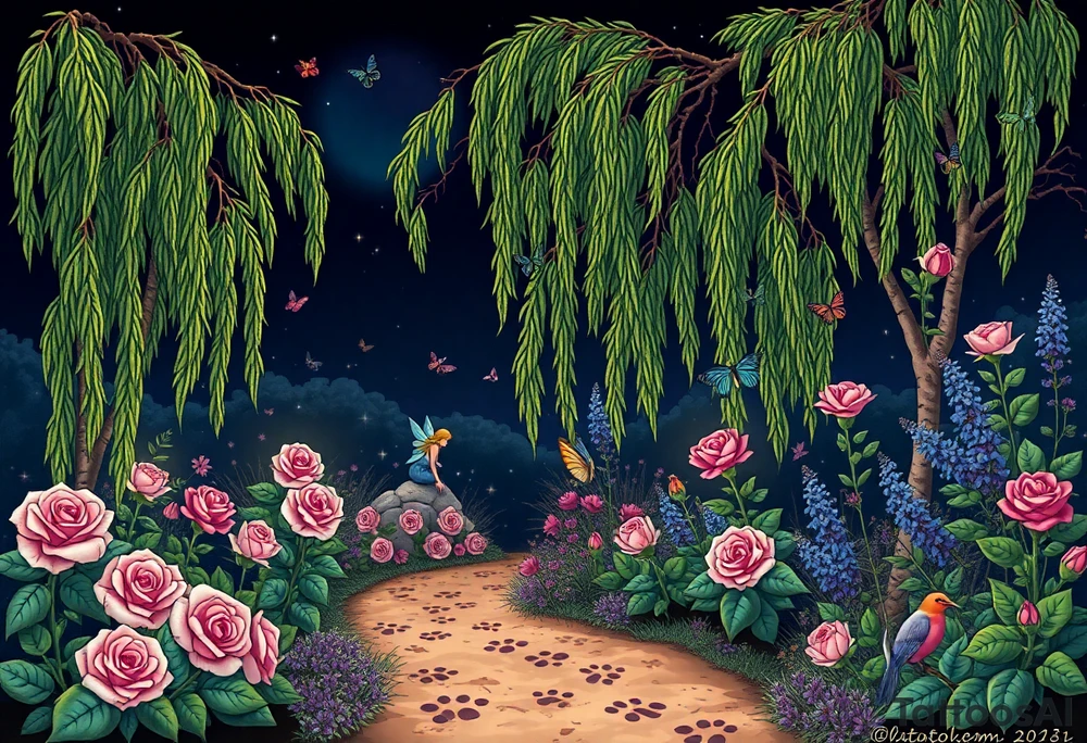 Night time.  weeping willow garden with roses and liles flower beds. fantasy creatures, fairies, mermiads, dragons butterflies,  cat paw prints path in dirt. tattoo idea