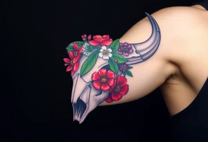Buffalo or bison skull with flowers. Red Peony, snowdrop, green holly with red berries, purple larkspur,  red peony. Colour. For upper arm or shoulder. Masculin. tattoo idea