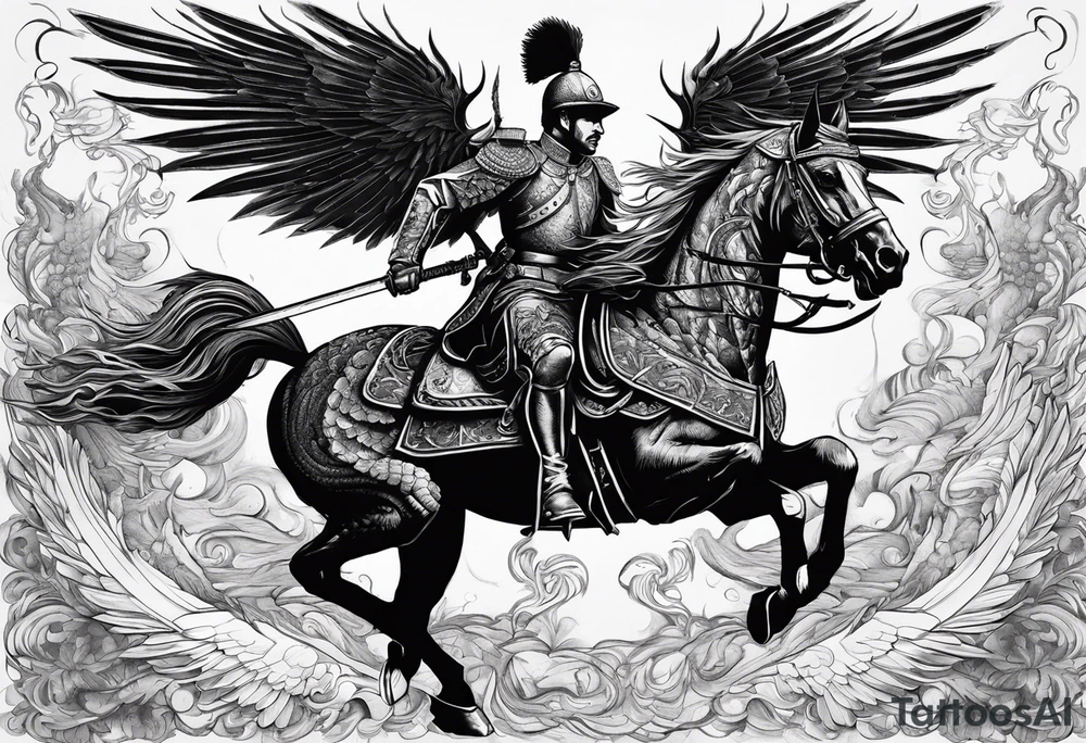 Polish Hussar Cavalry Soldier Rushing towards enemy, wings turned into dragon wings, charging with a spear that breaths fire tattoo idea