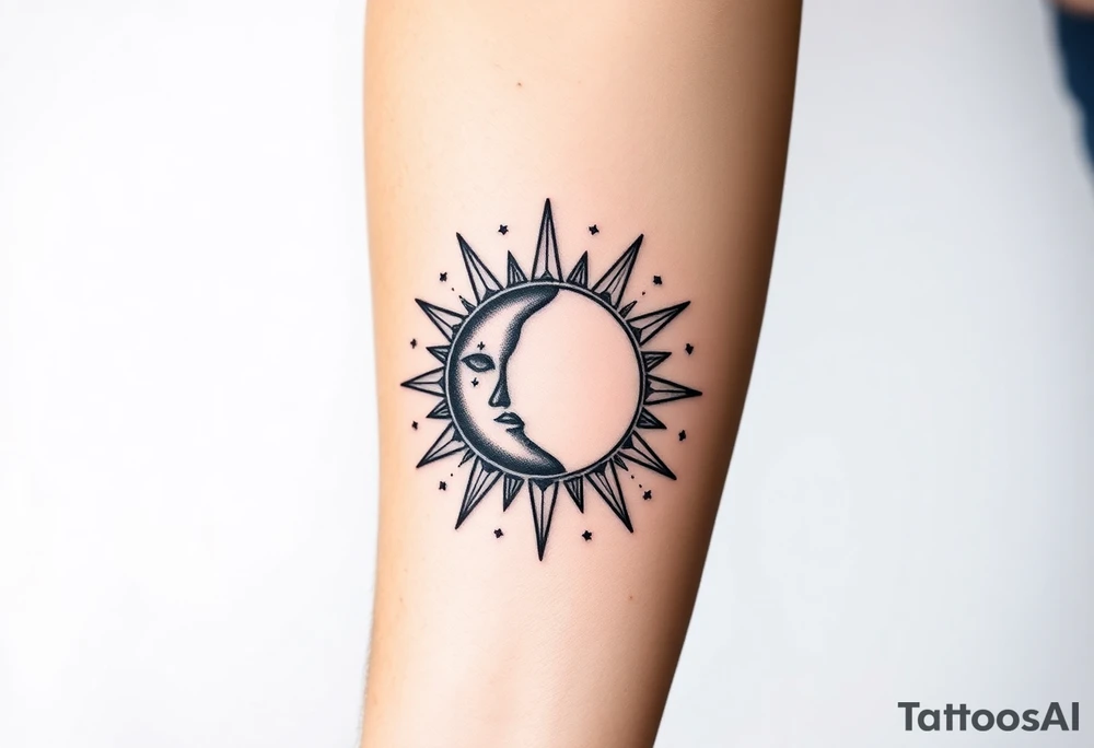 celestial sun and moon embrace with constellation patterns tattoo idea