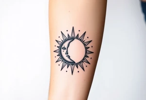 celestial sun and moon embrace with constellation patterns tattoo idea