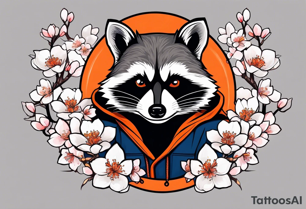 Raccoon wearing a white Superman logo on a black hoodie and orange Japanese cherry blossoms beside tattoo idea