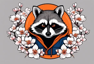 Raccoon wearing a white Superman logo on a black hoodie and orange Japanese cherry blossoms beside tattoo idea