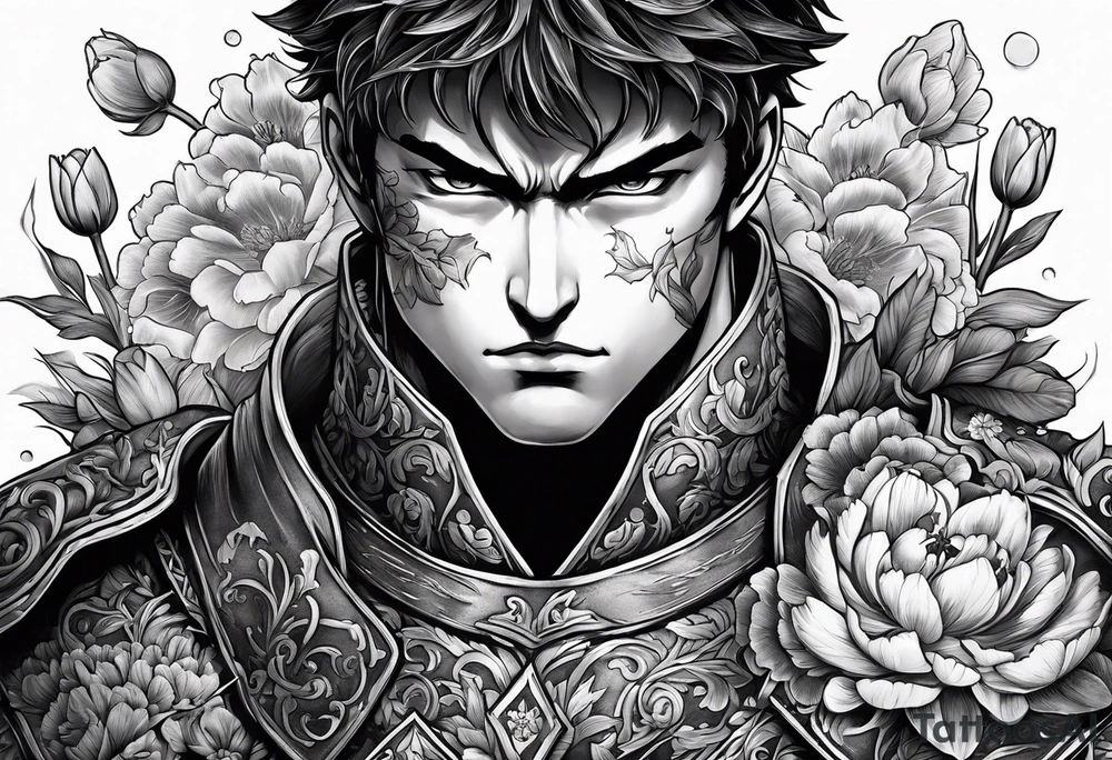 close up of ther face a berserk theme tattoo of guts with his sword on a land of flowers - tulips and peonys tattoo idea