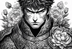 close up of ther face a berserk theme tattoo of guts with his sword on a land of flowers - tulips and peonys tattoo idea