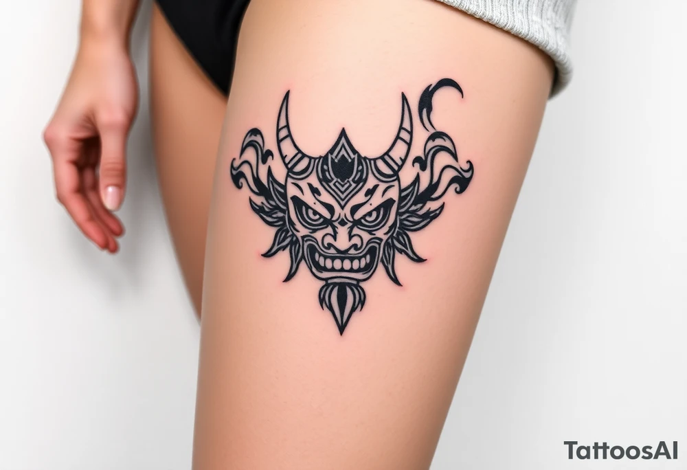 Oni mask surrounded by smoke tattoo idea