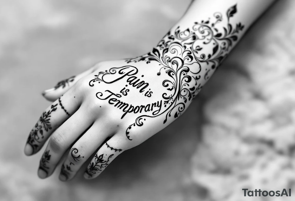 Indian style Henna tattoo for the inner wrist including words pain is temporary and make it taller than it is wide and have it flowing tattoo idea