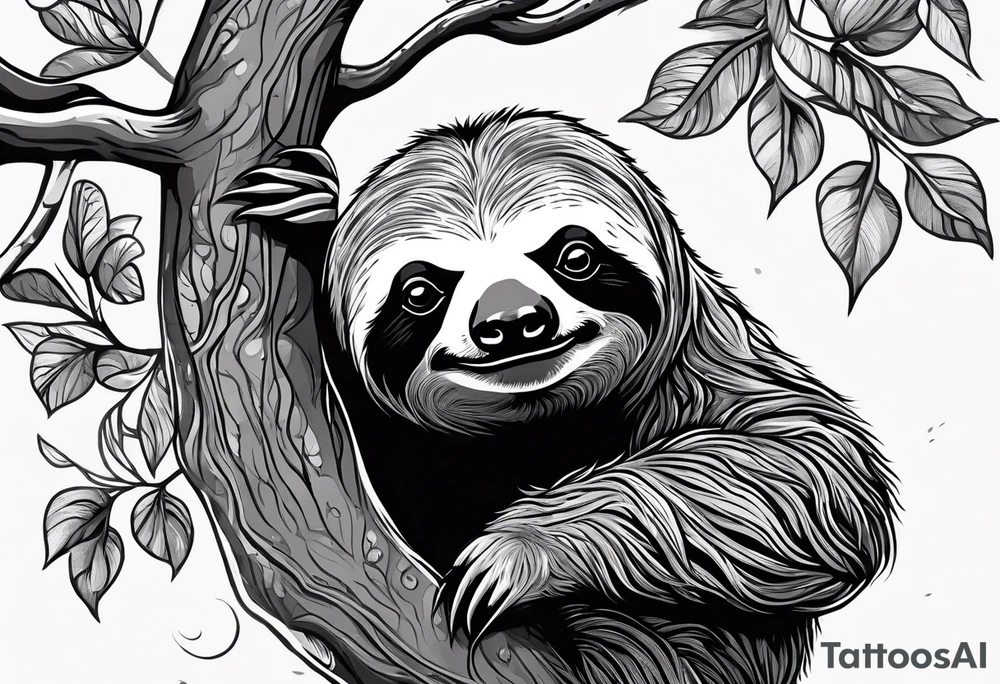 Full body Sloth hanging on a tree tattoo idea