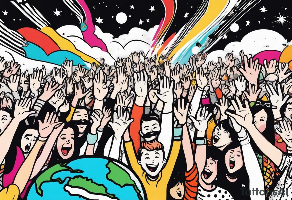 Crowd with hands up popping out of earth in space tattoo idea