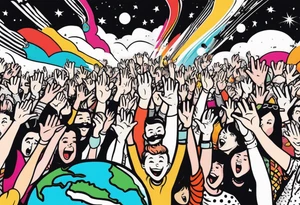 Crowd with hands up popping out of earth in space tattoo idea