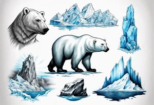 arm tattoo of polar bear and ice berg and relevant nature make colors primary black and white with a little blue tattoo idea