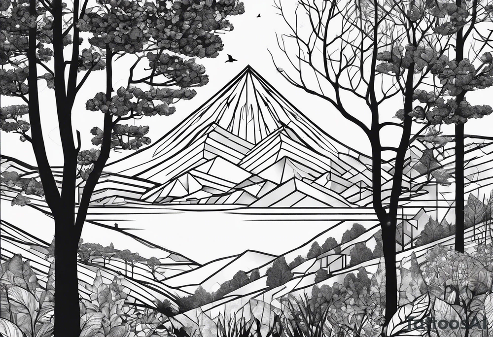 Wald silhouette mit geometrik muster im hintergrund tattoo idea