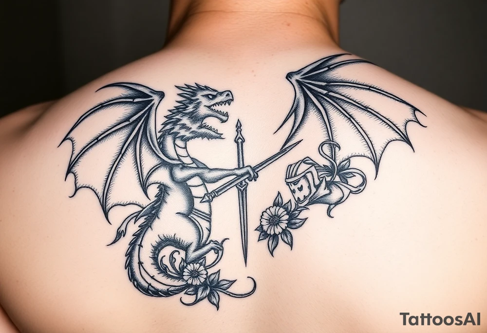 Powerful winged dragon fighting a knight with flowers tattoo idea