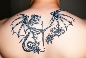 Powerful winged dragon fighting a knight with flowers tattoo idea