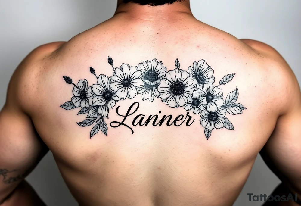 Birth flowers for the month of January February March May, June, July, August, November, and the name Lanier in cursive between the flowers on forearm sleeve tattoo idea