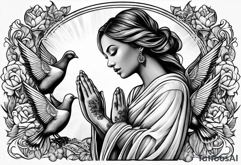Woman praying hands with doves, full sleeve tattoo idea