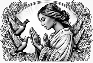 Woman praying hands with doves, full sleeve tattoo idea