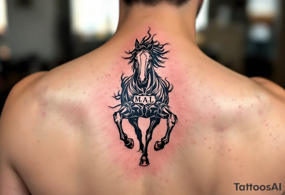 horse silhouette 
from the front which gallops from the front, with the 3 small letters discreetly integrated: M, A, L tattoo idea