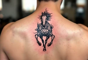 horse silhouette 
from the front which gallops from the front, with the 3 small letters discreetly integrated: M, A, L tattoo idea