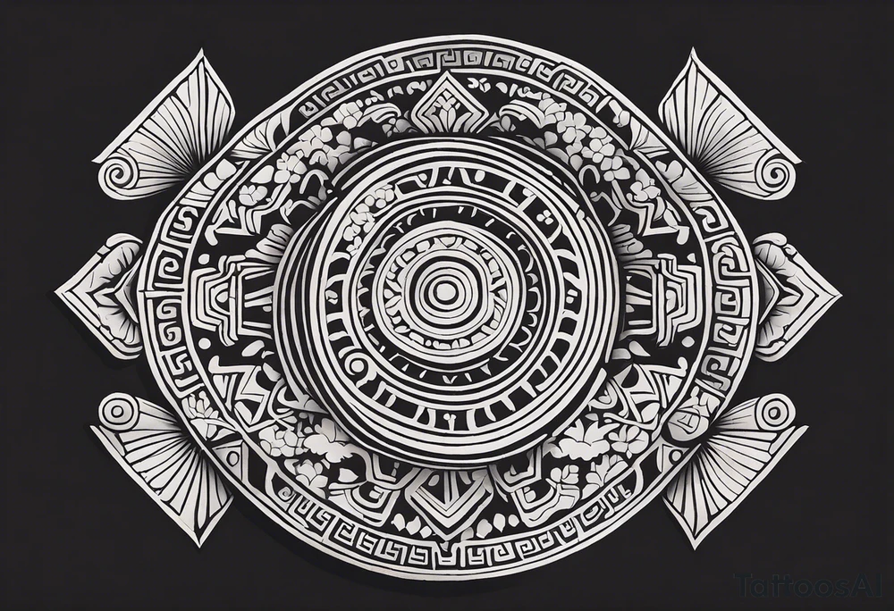 Create a masculine mayan tattoo design carved in stone featuring three flower buds of Gypsophila spp. The design should incorporate sharp, geometric patterns inspired by ancient Mayan glyphs and carvings, emphasizing strength and symmetry. The flower buds should be stylized with angular, bold lines, set within intricate, sacred Mayan motifs. The overall design should evoke harmony and balance, symbolizing the calming frequency of 432 Hz through symmetrical and flowing element tattoo idea