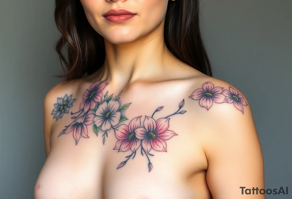 This tattoo is on a woman. It starts on her left side of the chest on the pectoral with a Glaiolus and Daisy together, then the tattoo rises over the left shoulder and down the arm and ends at the elbow. The tattoo will include a primroses, Calla Lilys, and Lillys. It will be light on color except in the petals and has light shading to make it pop. It will not wrap around the chest but rather bloom upwards from the pectoral and spill over the shoulder and down to the elbow. tattoo idea