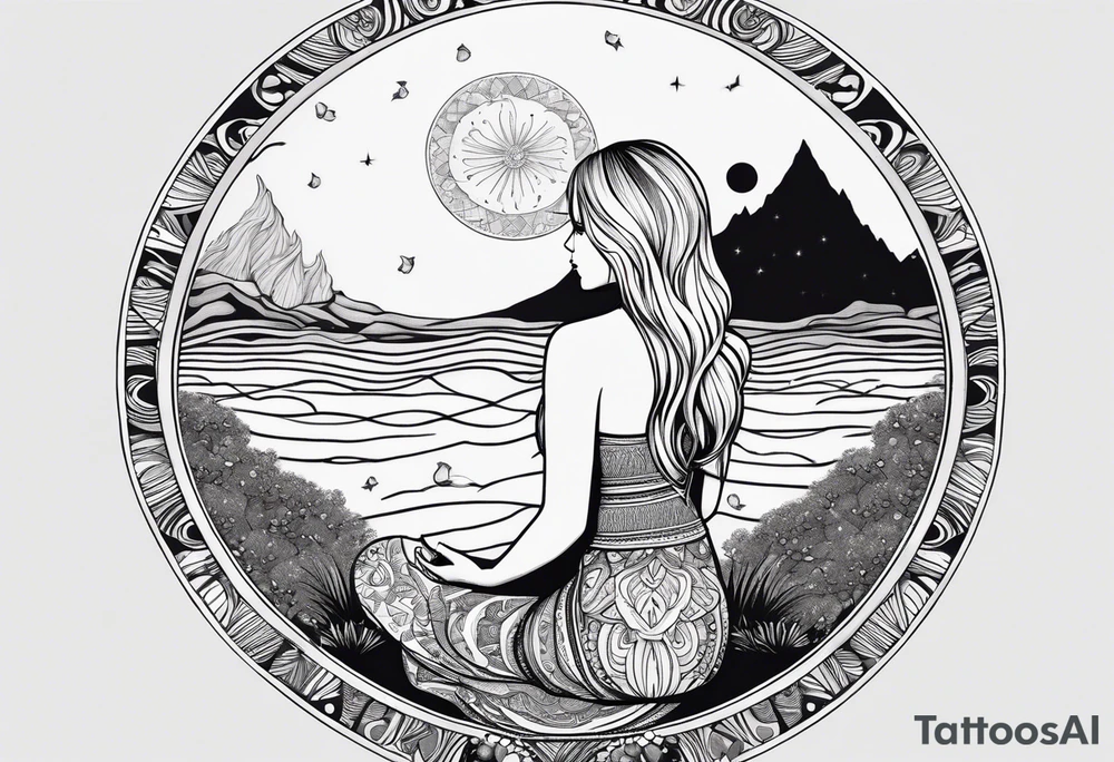 Straight blonde hair girl meditating facing away toward mountains surrounded by mushrooms crescent moon mandala circular design black and white striped dress tattoo idea