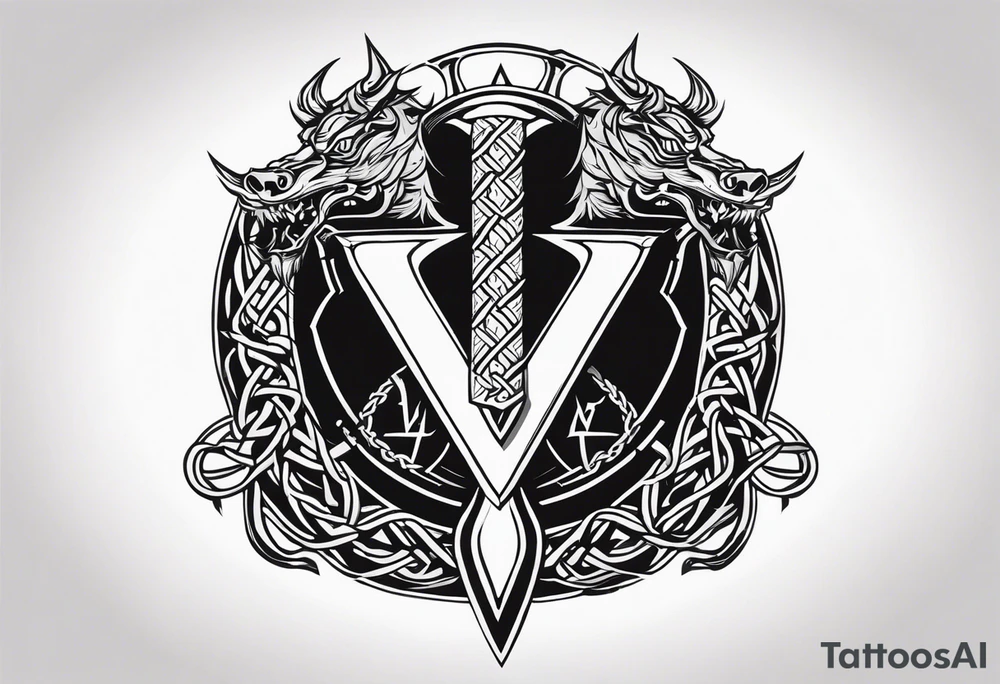 Valhalla sword shield dragon axe Valknut barbed wire chains tattoo idea Valhalla sword shield dragon axe Valknut barbed wire chains tattoo idea