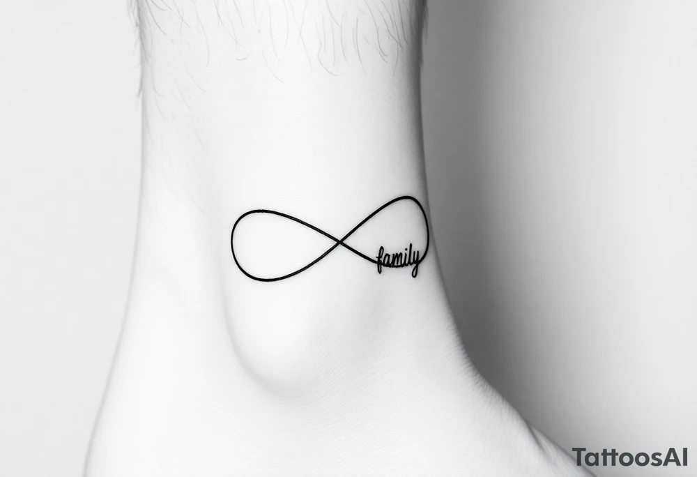 A minimalist infinity symbol composed of thin, intersecting lines, with the word "family" subtly incorporated along the curve in a contemporary font tattoo idea