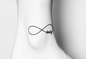 A minimalist infinity symbol composed of thin, intersecting lines, with the word "family" subtly incorporated along the curve in a contemporary font tattoo idea