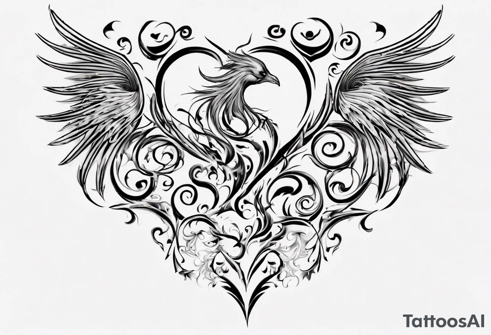 Phoenix heart shaped swirl tattoo idea