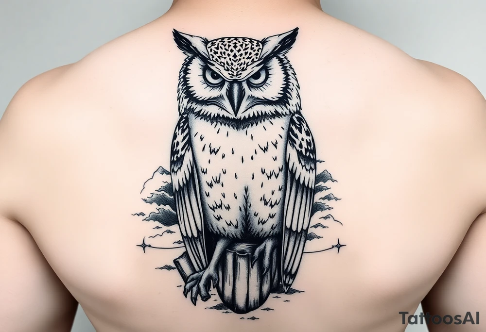 Masked owl overlooking a trench with waves in the background for the arm tattoo idea