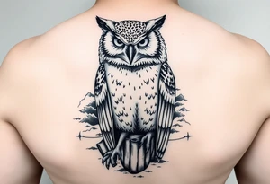 Masked owl overlooking a trench with waves in the background for the arm tattoo idea