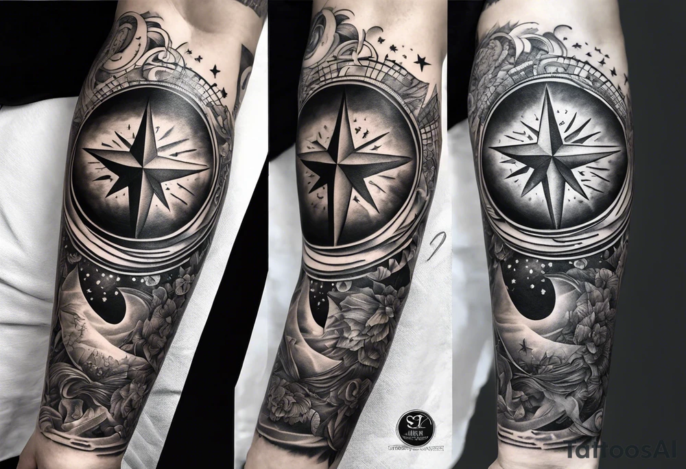 Collage for full left arm sleeve with:
a sun with a quarter moon,
2 stars,
bass guitar,
caduceus symbol tattoo idea