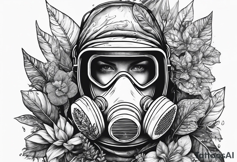 plants growing around a hazmat suit mask tattoo idea