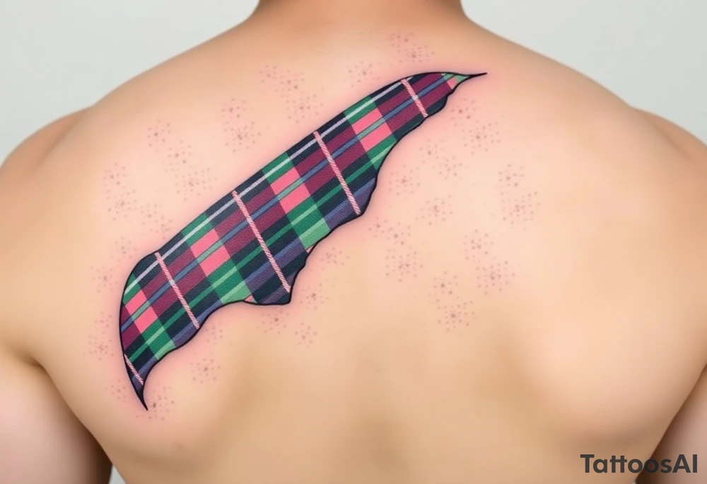 Side of arm Dark Purple with green pink blue and white highlights tartan fabric with skin peeling away at edges tattoo idea