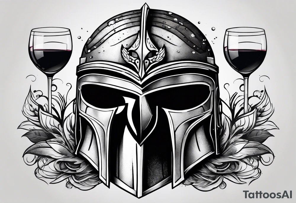 Create a faceless Spartan warrior helmet image with weight and below with a flying owl holding an old wine goblet and an hourglass with sand falling from it. tattoo idea