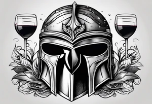 Create a faceless Spartan warrior helmet image with weight and below with a flying owl holding an old wine goblet and an hourglass with sand falling from it. tattoo idea